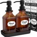 Soap Dispenser - 2 Pack, Antique Design Thick Amber Glass Hand Soap Dispensers with Sturdy Tray; 304 Rust Proof Stainless Steel Black Pump, 12Pcs Stickers, for Kitchen, Bathroom- Black