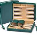 Yellow Mountain Imports Travel Size Backgammon Mini Game Set, Izmir - Magnetic Checkers and 9-inch Board in Sleek Leatherette Case - Classic Strategy Board Game (Green)