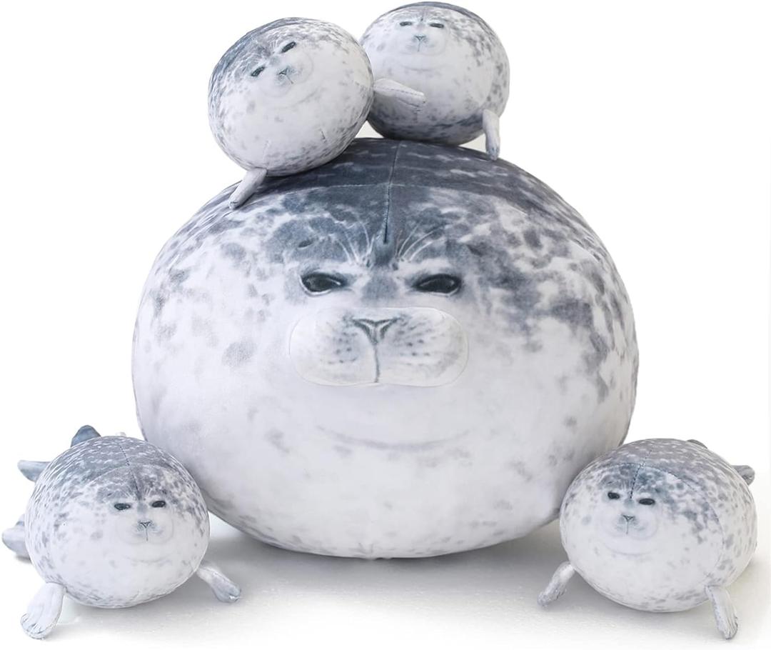 SQEQE Chubby Seal Pillow Plush with 4 Baby Seal Plushies in Her Tummy, Stuffed Cotton Plush Animal Toy Gift for Kids