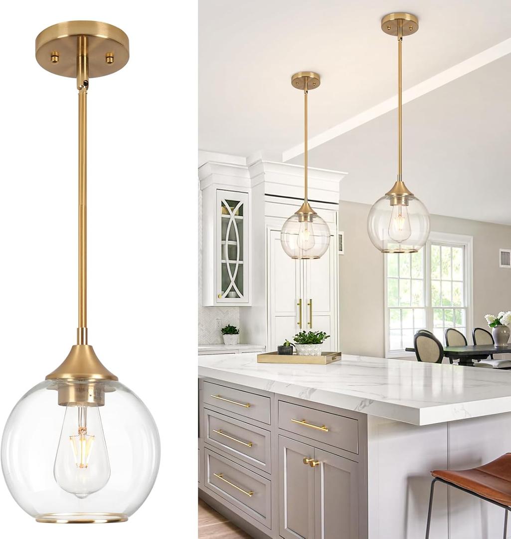 Pendant Lights Kitchen Island,Farmhouse Gold Pendant Light With Clear Glass Globe Shade,7" Glass Pendant Light for Brushed Bronze Finish Farmhouse Entryway Dining Room Kitchen Island 1 Light