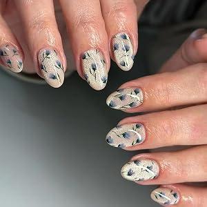 TOGZOM Almond Press on Nails Short Cat Eye Acrylic Nails Blue Flower Fake Nails Glossy Glue on Nails Glitter Stick on Nails Artificial False Nails with Designs for Women Girls Manicure 24 Pcs