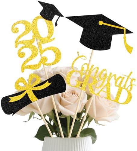 Pack of 3, TOOYUMON Graduation Decorations 2025, 16pcs Graduation Centerpieces for Table, Gold and Black Double-Sided Glittering Centerpiece Table Decorations, Class of 2025 Grad Party Decors