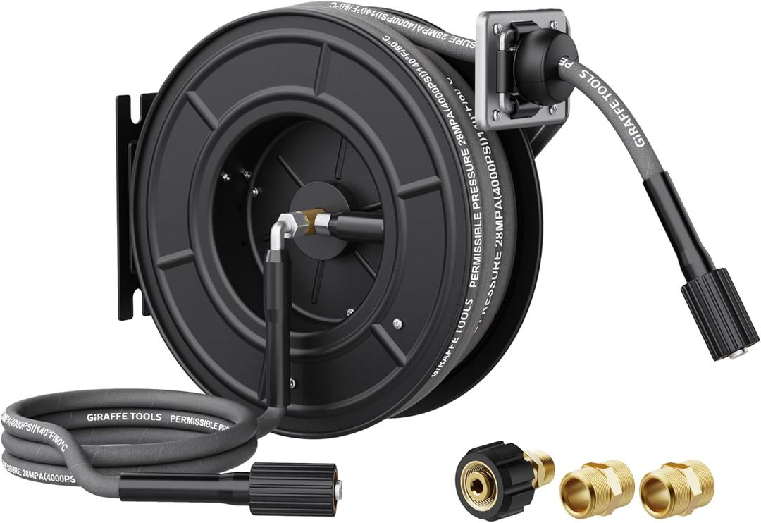 Giraffe Tools Pressure Washer Hose Reel 60ft, Power Washer Hose Reel, Pressure Washer Retractable Hose Reel, Heavy Duty, Wall/Floor Mounted, 4000 PSI, Dark Silver