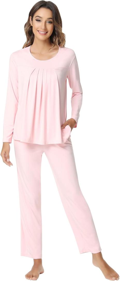 NACHILA Pajamas for Women Long Sleeve Sleepwear Comfy Pants Pajama Set Pleated Pjs with Pocket,Viscose Made from Bamboo, L