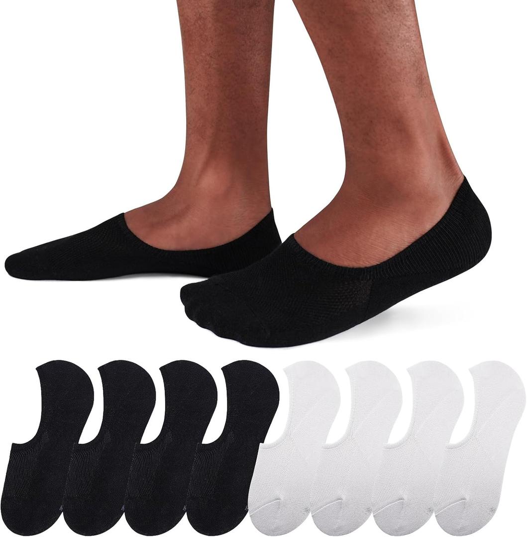 SIXDAYSOX No Show Socks Men 6/8 Pack Invisible Low Cut Non Slip Short Socks Size 5-11/10-13 (4 Pure White + 4 Pure Black)
