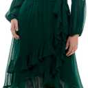 Maison Tara Women's Long Sleeve V-Neck Chiffon Faux Wrap Ruffle Hem Midi Dress (Green, XL)-  Size: 14 Plus