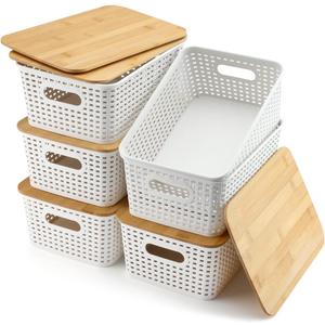 Storage Bins with Lids 6 Packs, Plastic Storage Bins with Bamboo Lids for Pantry Organization and Storage Containers for Shelves Drawers Desktop Closet Playroom Classroom Office Home, White