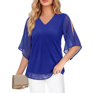 Uhiger 3/4 Length Sleeve Womens Tops V Neck Chiffon Blouse Dressy Casual Double Layered for Weekend Outings and Everyday Wear (X-Large, Royal Blue)