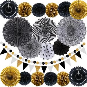 Party Decorations, Black and Gold Hanging Paper Fans, Pom Poms Flowers, Pennant, Garland String, Banner for Birthday Parties Wedding Dcor, Table & Wall Decorations