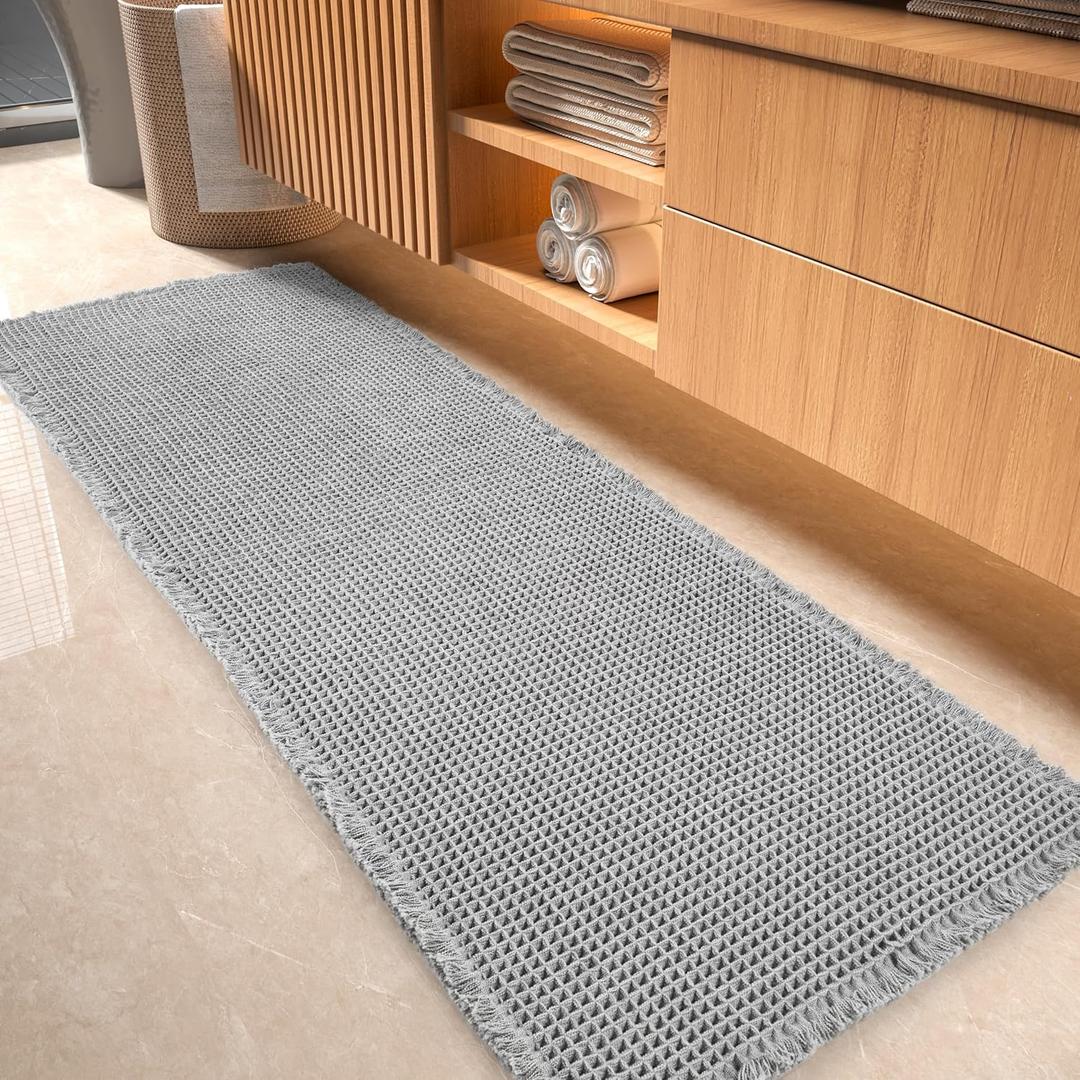 Waffle Bath Mat-Runner Rug, Super Absorbent Non Slip Bath Mats for Bathroom Machine Washable Long Rugs with Tassels, Bath Rugs for Bathroom Floor Beside Tub, 2' x 6' (Light Grey)