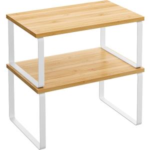 SONGMICS Cabinet Organizer Shelf, Set of 2 Kitchen Counter Shelves, Kitchen Storage, Spice Rack, Stackable, Expandable, Metal and Engineered Wood, Cloud White and Natural Beige UKCS02NW