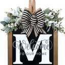 Last Name All Year Round Front Door Wreath with 26 Initial Letter Welcome Sign All Seasons Eucalyptus Garland and Bow Farmhouse, Porch, for Spring Summer Fall All Seasons Holiday Halloween Christmas. (M)