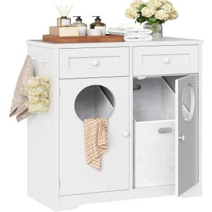 HOOBRO Double Laundry Hamper Cabinet, Hidden Laundry Cabinet with 2 Drawers & 2 Baskets, 20 Gallon Farmhouse Bathroom Laundry Hamper with 2 Clothes-Toss Holes, White WT36XY01, 14.2"d X 28.5"w X 31.9"h