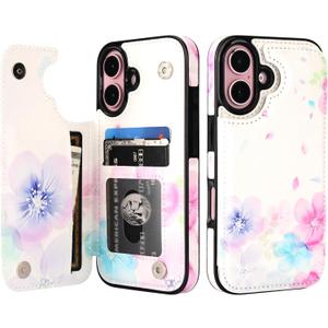 HAOPINSH for iPhone 16 Wallet Case with Card Holder, Pale Flower Pattern Back Flip Folio PU Leather Kickstand Card Slots Case for Women Girls, Double Magnetic Clasp Shockproof 6.1"