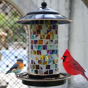 Solar Bird Feeder for Outdoor Hanging - Small Bird Seedes Feeder with Mosaic Stained Glass for Cardinals and Finches - Garden Decor Gift for Parents and Lover (1.5lbs Capacity, Sunset)