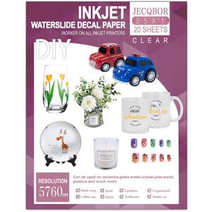 20 Sheets Waterslide Decal Paper INKJET CLEAR,8.5X11 Inch Water Slide Transfer Paper Transparent Printable for Tumblers,Ceramics,Plastics,Glasses,DIY