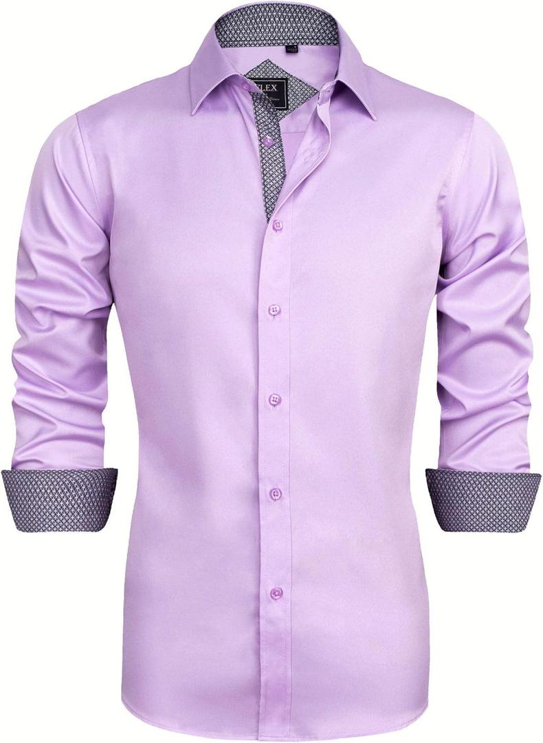 J.VER Men's Casual Long Sleeve Stretch Dress Shirt Wrinkle-Free Regular Fit Button Down Shirts (Pink Purple), S