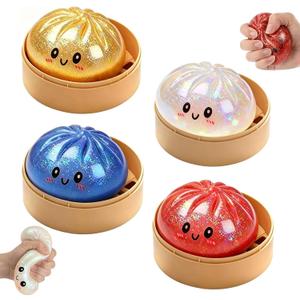 4Pcs Giant Dumpling Squishy, Dumpling Squeeze Toy,Giant Dumplings Glitter Box, Colorful Sensory Toys Stress Relief Ball, Squishy Toy with Steamer Box, Soft Squeeze Decompression Dough