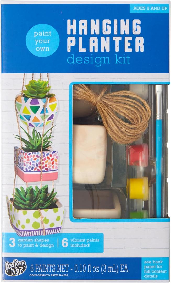 Paint Your Own Hanging Planter Design Kit - Kid's Custom Paint Design Planter Set - Includes 3 Ceramic Planters, 6 Ceramic Paints, Brush & 13 Ft of Rope