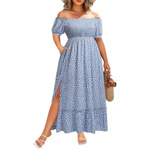 Plus Size Summer Dresses Sun - Maxi Boho Casual Off Shoulder Floral Lace Long Dress with Pockets 2XL