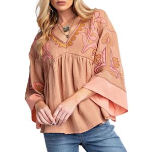 Womens Floral Printed Blouse V-Neck 3/4 Sleeves Loose Fit Vintage Babydoll Tops (Orange, S)