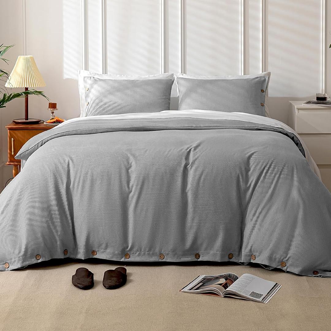 MUKKA Duvet Cover Set King Size Coconut Button Closure Heather Check Linen-Like Style 145g-Weight Durable Brushed Microfiber Elegant Soft Modern King Duvet Cover Light Grey King