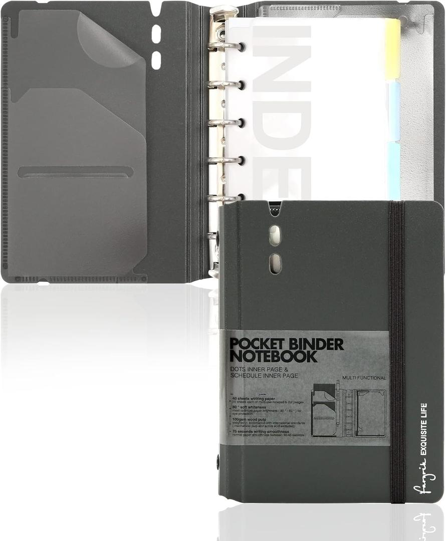 CAGIE A7 Binder 6 Ring Notebook with Dividers Refillable Planner Binder with Pockets, A5 Refill Paper Include Planning Square Ruled and Dotted Pages, 4.13 x 5.71 In, (Grey, A7 Hourly&Dot Page)