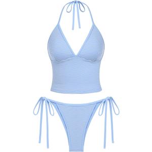 seamoly Women's Tankinis Striped Halter String Tie Side 2 Piece Tankini Sets Swimsuit (Medium)