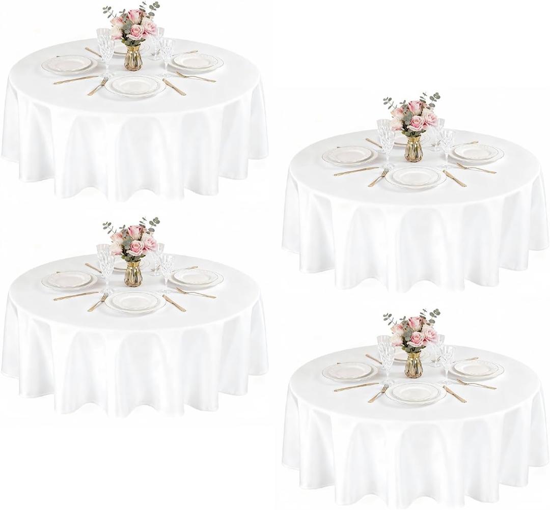 4 Packs White Round Tablecloths, 120 Inch Stain Resistant and Wrinkle Polyester Fabric Washable Table Clothes Cover for Kitchen Dining, Wedding, Reception Banquet, Birthday Party, Buffet Restaurant