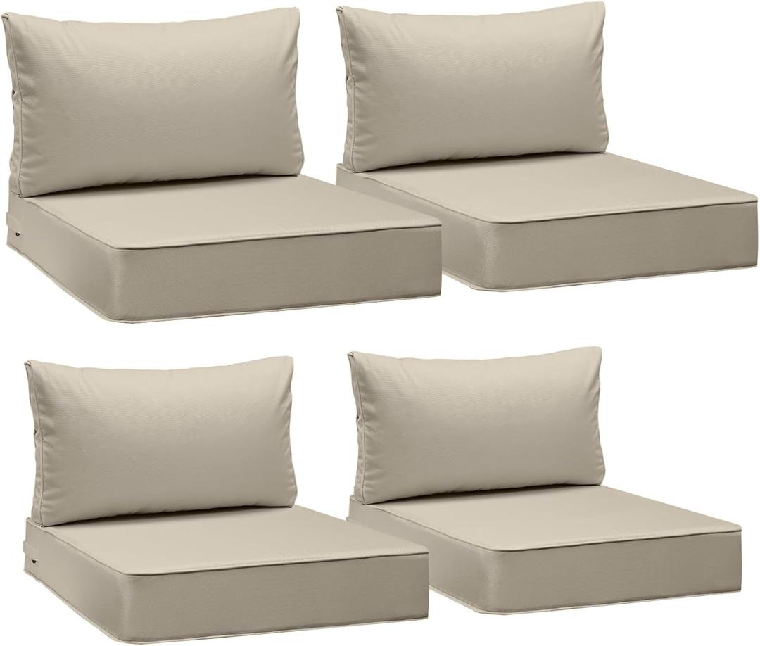 AAAAAcessories Outdoor Seat Cushions for Chairs, Fade-Resistant, Waterproof Patio Furniture Replacement Cushions, 25.5" x 25.5" x 5" + 25.5" x 13.5", Set of 4, Beige