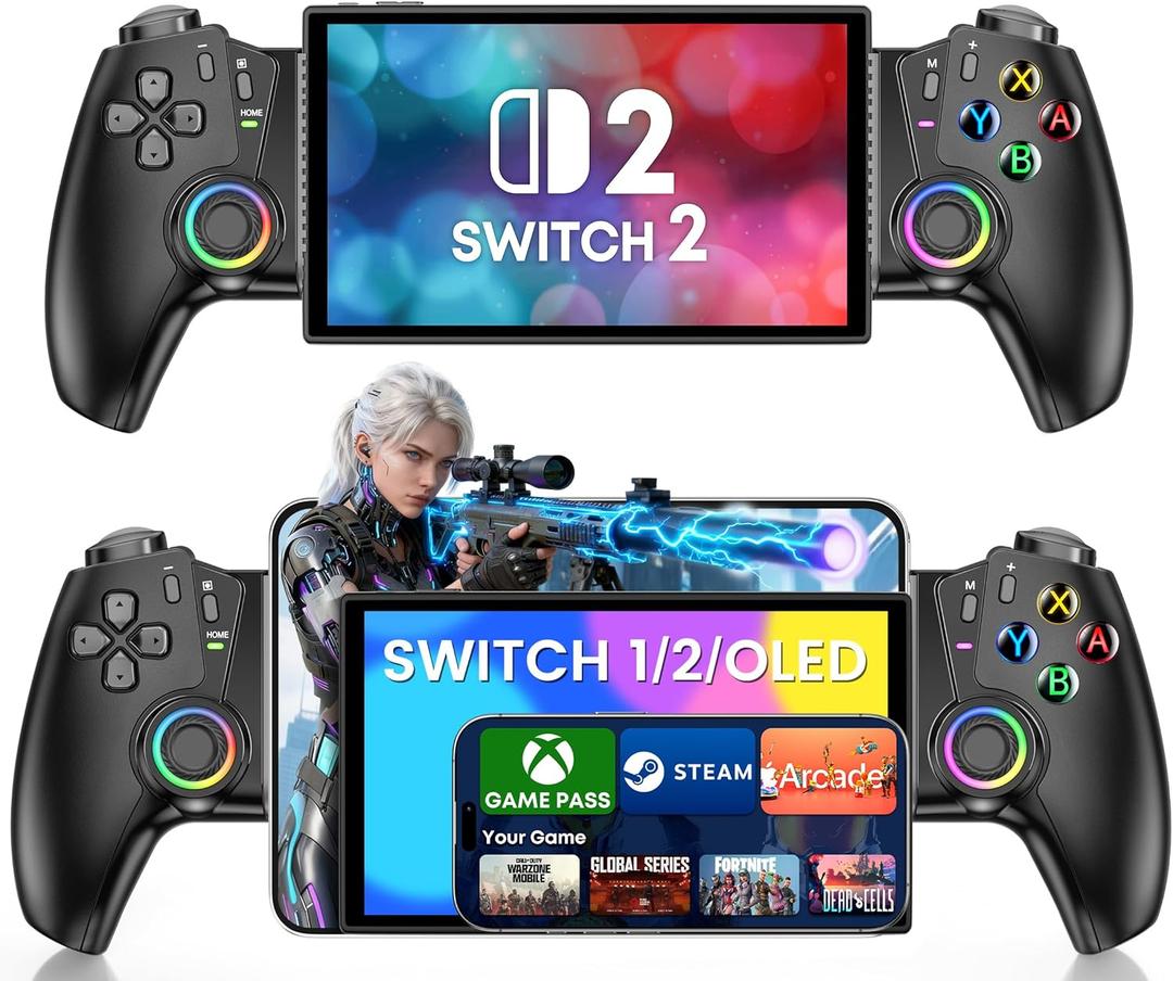 Switch Controller Compatible With Nintendo Switch 2/1/OLED With Hall Joystick LED, Wireless One-Piece Handheld Mobile Phone Controller for iPhone Android Support Xbox, Steam Link, PlayStation 3 skins