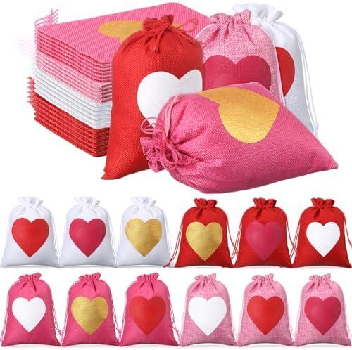 Locmeo 36 Pcs Valentine's Day Burlap Gift Bags with Drawstring Heart Burlap Bags Mini Valentines Present Pouch for Wedding Baby Shower Party Favors DIY Craft(Classic Colors,7 x 9 Inch)