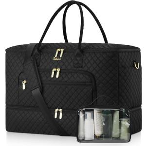 Travel Duffle Bag, Wide Open Large Weekender Bag for Women with Shoe Compartment, Carry on Overnight Bags with Toiletry Bag, Hospital Bag for Women Labor Delivery with Wet Pocket (Black), 45l