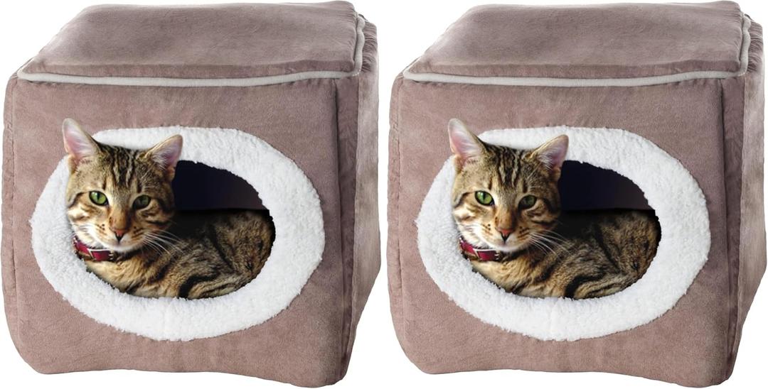 Cat House - Indoor Bed with Removable Foam Cushion - Cat Cave for Puppies, Rabbits, Guinea Pigs, and Other Small Animals by PETMAKER (Light Brown) (Pack of 2)