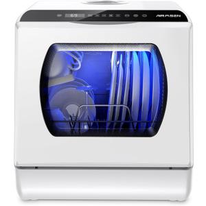 AIRMSEN Portable Countertop Dishwashers, 5 Washing Programs Mini Dishwashers with 1.2 Gal Built-in Water Tank and Double-layered Glass Door, No Hookup Needed for Home, Apartments & RVs