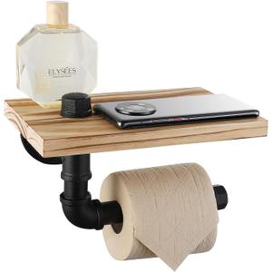 Livabber Industrial Pipe Toilet Paper Holder - Vintage Style DIY Wall Mount Roll Tissue Towel Holder for Bathroom Living Room and Kitchen (7" with Shelf, Black)
