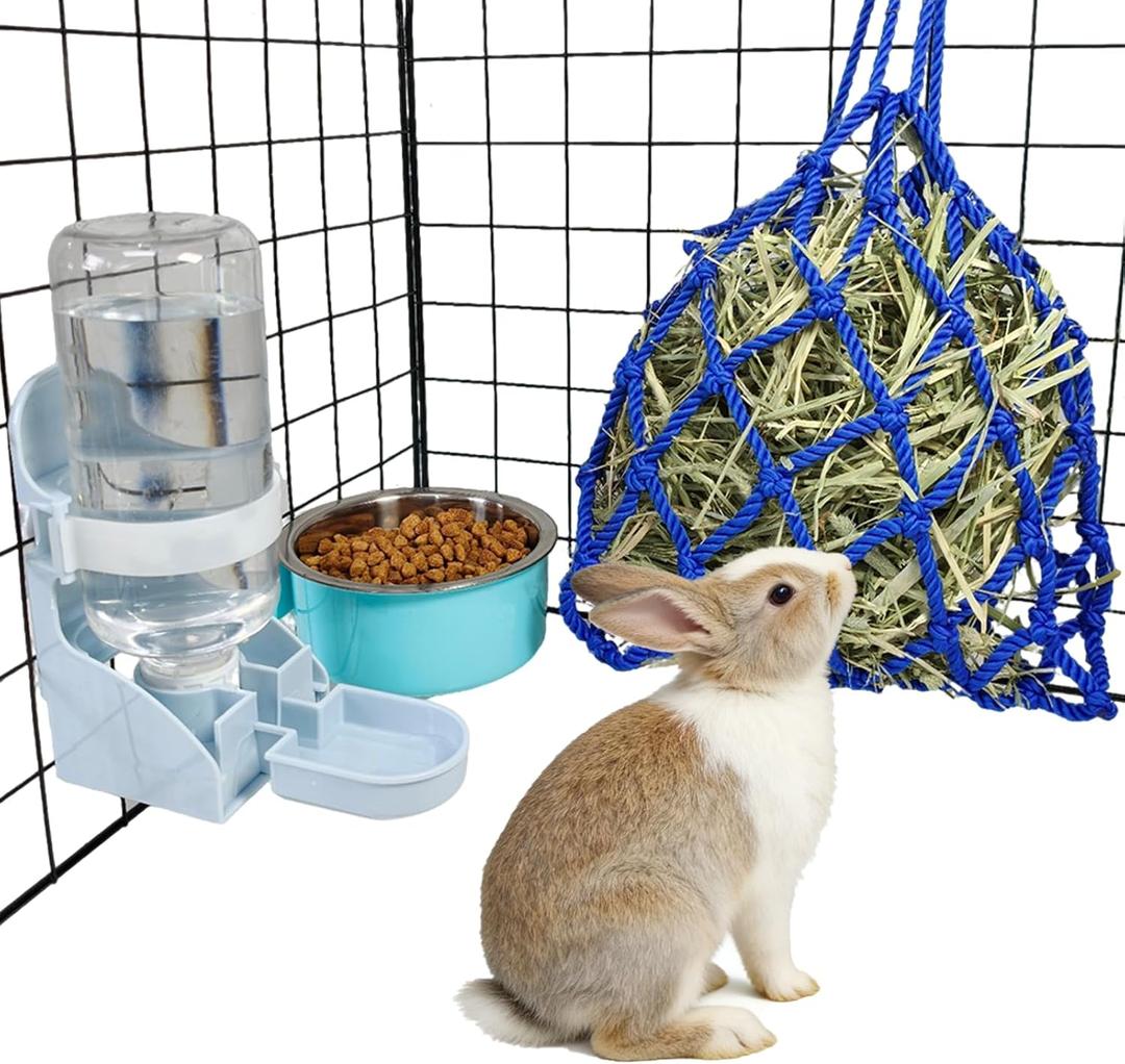 Rabbit Water Bottle Ferret Food Bowl Bunny Water Dispenser Stainless Steel Food Dish Hanging Drinking Fountain Drinker Feeder Crate Bowl Feeder Cup for Guinea Pig Hedgehog Chinchilla