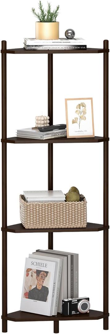Wisuce Corner Shelf Stand - 4 Tier Walnut Bamboo Small Corner Bookshelf for Office Kitchen Bedroom Plant Stand Living Room Decor Small Space (Brown)