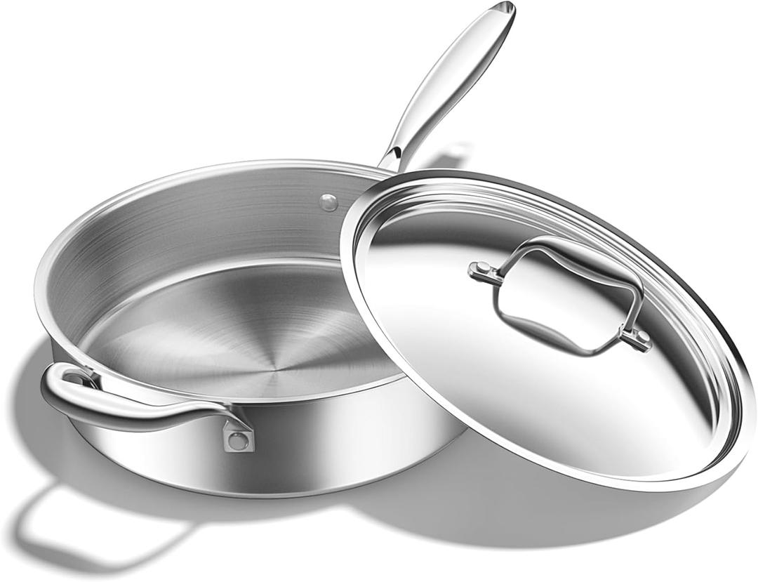12 Inch 5-Ply Stainless Steel Frying Pan With Lid for Even Heating, 4 QT, Induction Compatible, Heat-Resistant Up to 1000°F, Non Toxic Saute Pan, Stainless Steel Skillet