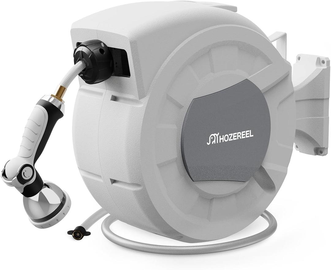 100 FT x 1/2" Retractable Garden Hose Reel by HOZEREEL, Decorative Outdoor Garden Hose Reels - Automatic Self Retract Wall Mount Hose Reel Enclosed Storage, Any Length Lock, 10 Pattern Nozzle-Grey