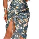 Women's Spaghetti Strap Satin Dress Sexy Backless Drawstring Ruched Split Hem Cocktail Evening Party (Medium, 02-flower Navy)