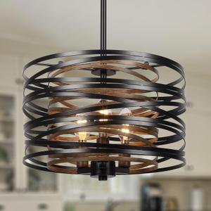 3-Light Dining Room Chandelier12.6" Rustic Black Drum ChandeliersWood Grain and Vintage Light Fixture for Kitchen Entryway Living Room (Rustic Drum)