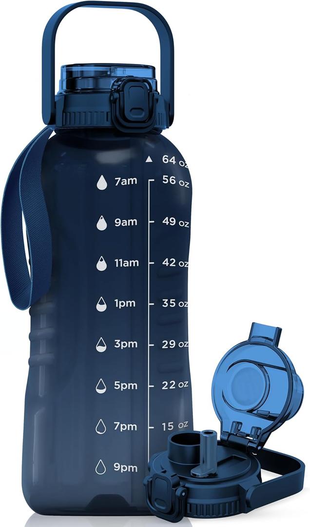AQUAFIT 64 oz Water Bottle with Time Marker - 2in1 Straw & Chug Lid - BPA Free Big Water Bottle with Straw - Gym Water Bottle with Strap - Water Jug (64 Ounces, Nebula)