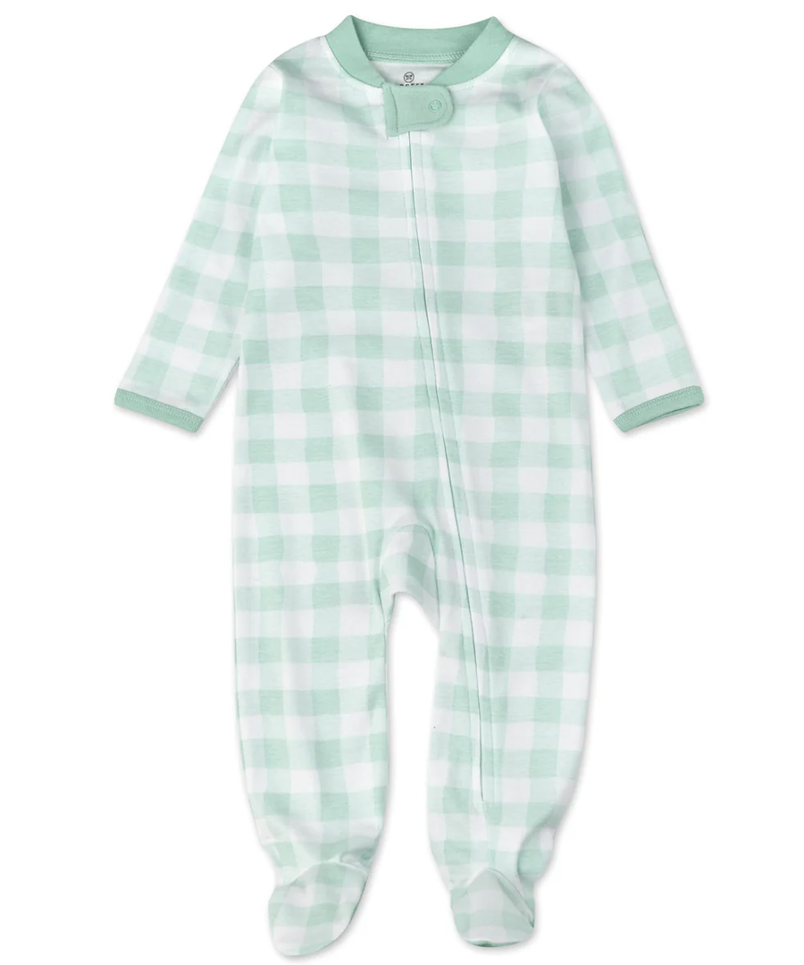 HONEST BABY CLOTHING, organic material, sage green and white checkered onesie, 6-9 months , zipper up