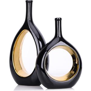 Black and Gold Vase Ceramic Black Vases Home Decor,Modern Minimalist Circle with Hole Decorative Vase, Hollow Ellipse Flower vases for Bookshelf, Fireplace Mantle, Centerpieces,Farmhouse,Rustic Dcor