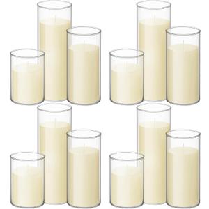 Shihanee Set of 12 Pillar Candles and Glass Cylinder Vases Clear Cylinder CandleHolders for Slim Pillar Candles Wedding Centerpieces(3.4''x 4.7'', 7'', 9.8'',Ivory White)
