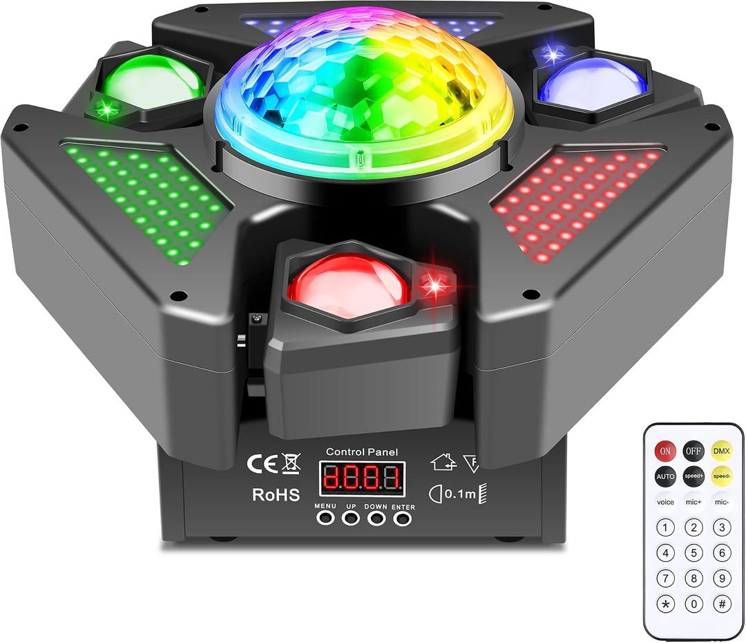 Moving Head DJ Lights with RGB Starlight, Rotating Magic Disco Ball & LED Matrix, 540°/180° DMX512 Stage Lighting, Sound Activated with Remote for Party Wedding KTV Bar Club