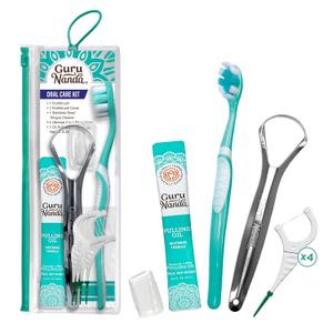 GuruNanda Travel-Friendly Oral Care Kit- 1 Butter on Gums Toothbrush, 1 Tongue Scraper, 4 Dual-Action Floss Picks, 1 Coconut & Mint Oil Pulling Sachet (Teal)