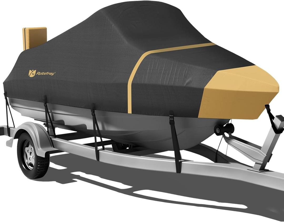 Rosefray 900D Boat Cover, Heavy Duty Waterproof Bass Boat Covers with Motor Cover Fits V-Hull/Tri-Hull/Fish/Ski/Runabout Boat,Fade-Proof Trailerable Boat Cover Fit 17'-19' L 96" Width Black/Beige