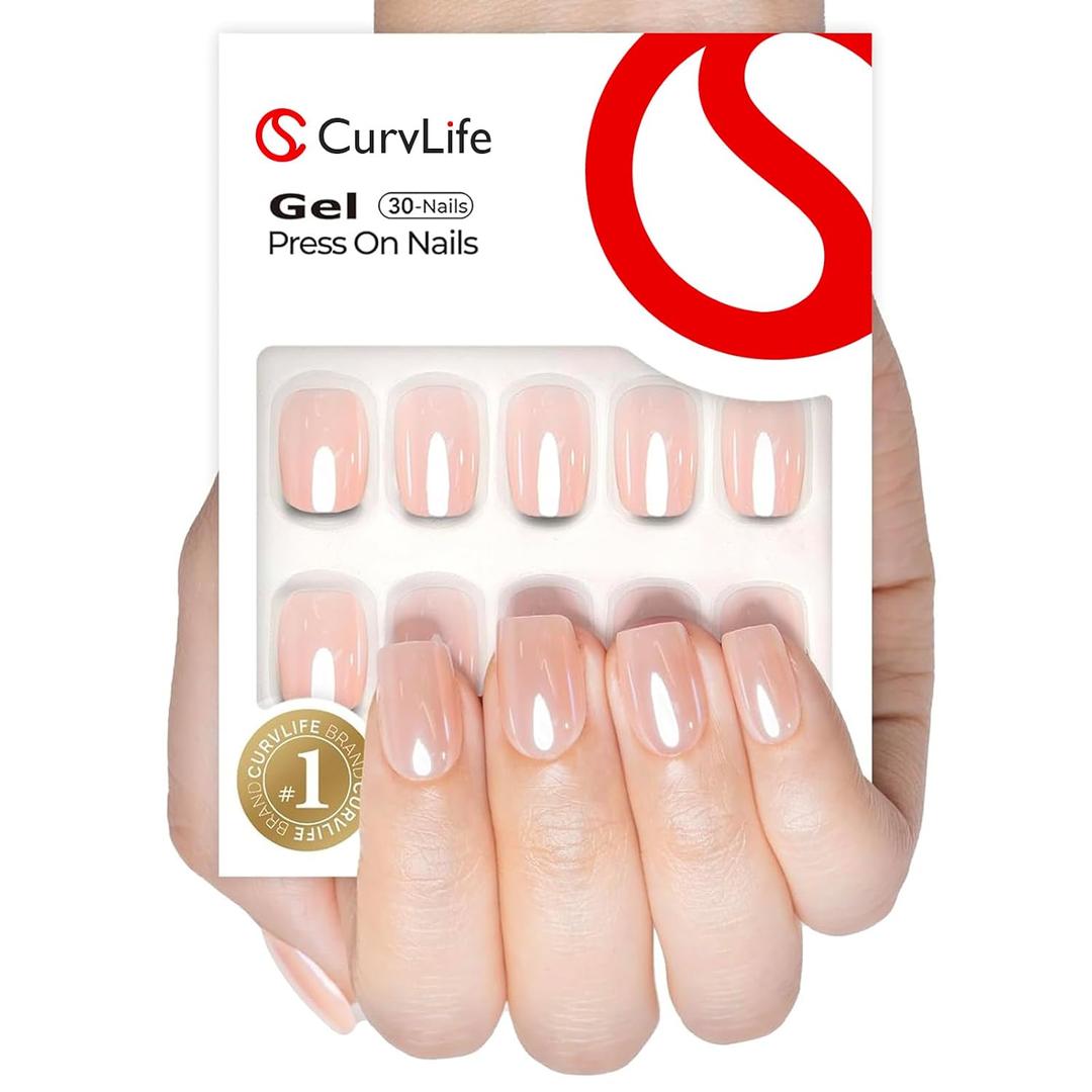 Curvlife Soft Gel Square Press on Nails, 30Pcs 15 Sizes Mirror Pink Nail Tips, Full Cover Design Reusable Fake Nails Kit with Glue and Adhesive Tabs